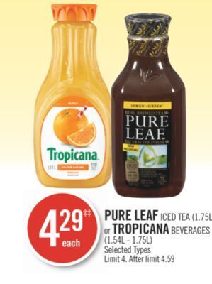 Shoppers Drug Mart Pure leaf iced tea (1.75l or tropicana beverages (1.54l - 1.75l) offer