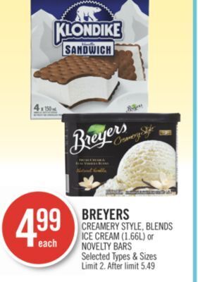Shoppers Drug Mart Breyers creamery style,blends ice cream (1.66l) or novelty bars offer