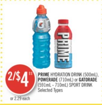 Shoppers Drug Mart Prime hydration drink (500ml), powerade (710ml) or gatorade (591ml - 710ml) sport drink offer