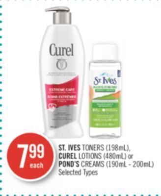 Shoppers Drug Mart St. ives toners (198ml), curel lotions (480ml) or pond's creams (190ml - 200ml) offer