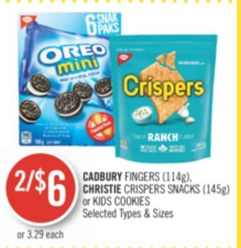 Shoppers Drug Mart Cadbury fingers (114g) christie crispers snacks (145g) or kids cookies offer