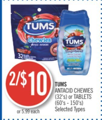 Shoppers Drug Mart Tums antacid chewies (32's) or tablets (60's - 150's) offer