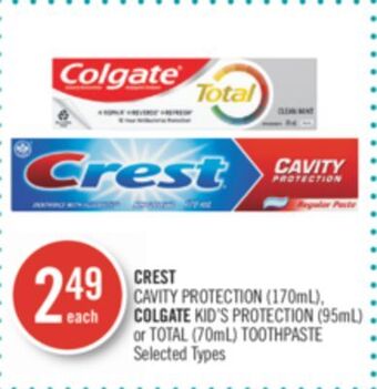 Shoppers Drug Mart Crest cavity protection (170ml), colgate kid's protection (95ml) or total (70ml) toothpaste offer