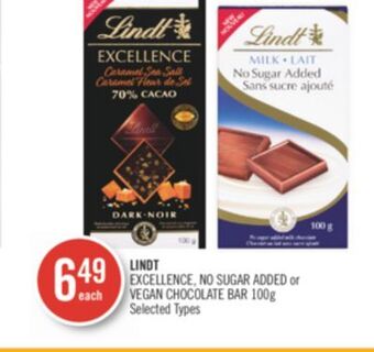 Shoppers Drug Mart Lindt excellence, no sugar added or vegan chocolate bar offer