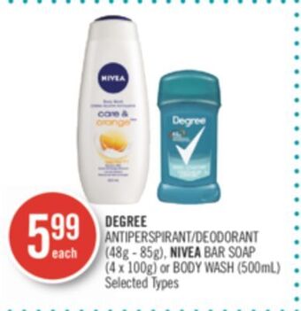 Shoppers Drug Mart Degree antiperspirant/deodorant (48g - 85g), nivea bar soap (4 x 100g) or body wash (500ml) offer
