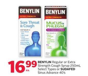 Rexall Benylin regular or extra strength cough syrup 250ml select types or sudafed sinus advance 40' s offer