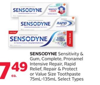 Rexall Sensodyne sensitivity & gum, complete, pronamel intensive repair, rapid relief, repair & protect or value size toothpaste 75m offer