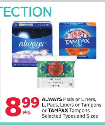 Rexall Always pads or liners, l. pads, liners or tampons or tampax tampons offer