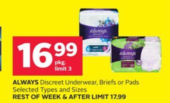 Rexall Always discreet underwear, briefs or pads offer