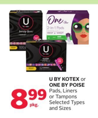 Rexall U by kotex or one by poise pads, liners or tampons offer