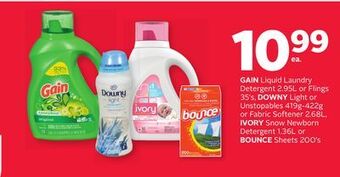 Rexall Gain liquid laundry detergent 2.95l or flings 35' s, downy light or unstopables 419g-422g or fabric softener 2.68l, ivory sno offer