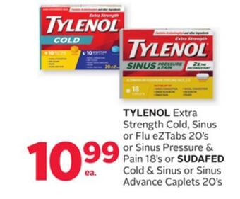 Rexall Tylenol extra strength cold, sinus or flu eztabs 20' s or sinus pressure & pain 18' s or sudafed cold & sinus or sinus advanc offer