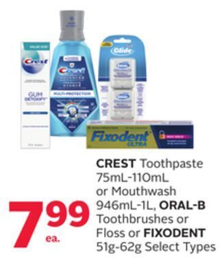 Rexall Crest toothpaste 75ml-110ml or mouthwash 946ml-1l, oral-b toothbrushes or floss or fixodent 51g-62g offer