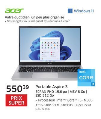 The Source Portable aspire 3 écran fhd 15,6 po | mev 8 go | ssd 512 go acer offer