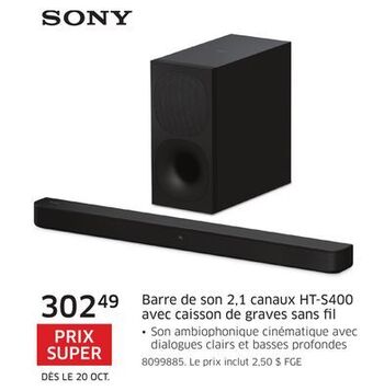 The Source Barre de son 2,1 canaux ht-s400 avec caisson de graves sans fil sony offer