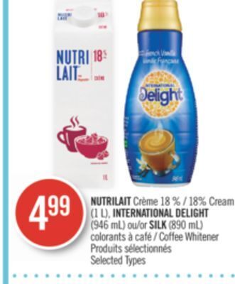 Pharmaprix Nutrilait 18% cream (1 l), international delight (946 ml) or silk (890 ml) coffee whitener offer