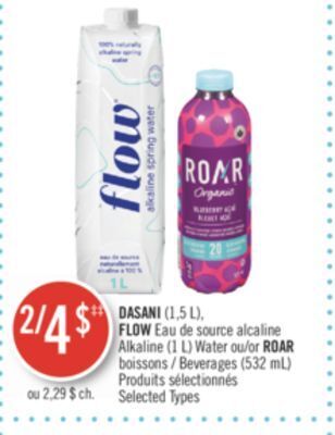 Pharmaprix Dasani (1,5 l), flow alkaline (1 l) water or beverages (532 ml) offer