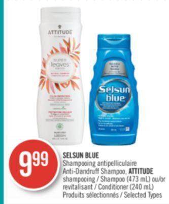 Pharmaprix Selsun blue anti-dandruff shampoo, attitude shampoo (473 ml) or conditioner (240 ml) offer