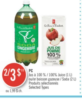 Pharmaprix Pc 100% juice (1 l) or soda (2 l) offer