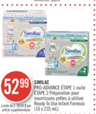 Pharmaprix Similac pro-advance étape 1 or étape 2 ready to use infant formula offer