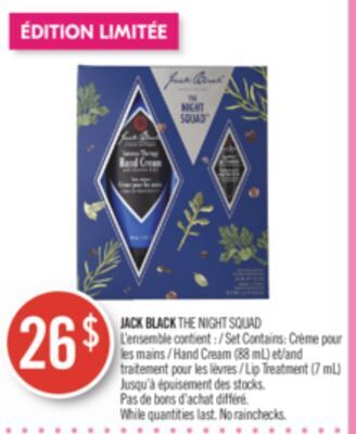 Pharmaprix Jack black the night squad set contains: crème pour les mains / hand cream (88 ml) and lip treatment (7 ml) offer