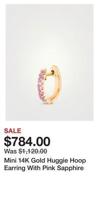 Holt Renfrew Mini 14k gold huggie hoop earring with pink sapphire offer
