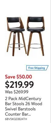 Walmart 2 pack midcentury bar stools 26 wood swivel barstools counter bar chair with pu upholstered seat backrest footrest offer