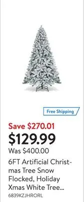 Walmart 6ft artificial christmas tree snow flocked, holiday xmas white tree decoration pine tree with 800 branch tips, solid metal st offer