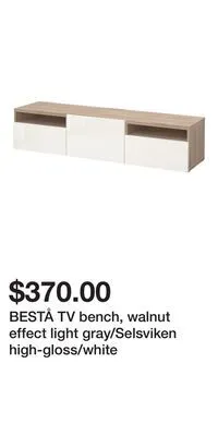 IKEA Bestå tv bench, walnut effect light gray/selsviken high-gloss/white offer