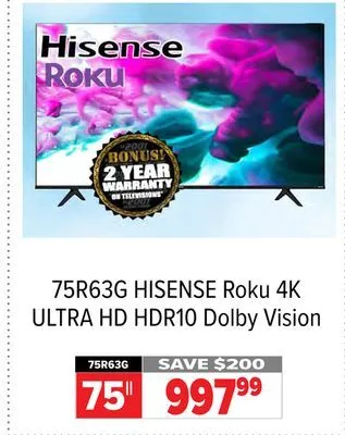 2001 Audio Video Hisense 75 roku 4k ultra hd hdr10 dolby vision offer