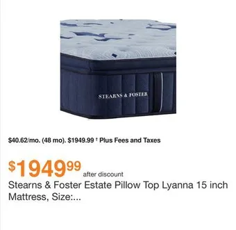 Ashley Furniture Stearns & foster estate pillow top lyanna 15 inch mattress, size: queen offer