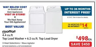Visions Electronics Moffat 4.4 cu. ft top load washer + 6.2 cu. ft. top load dryer offer