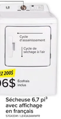 Leon's L2 sécheuse électrique 6,7 pi³ avec affichage français blanc le43a3awwfr offer