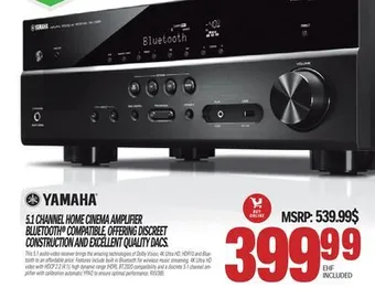 Centre Hi-Fi Yamaha 5.1 channel home cinema amplifier bluetooth compatible, offering discreet construction and excellent quality dacs offer