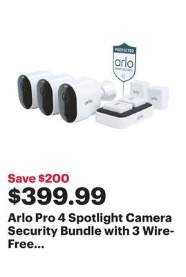 Best Buy Arlo pro 4 spotlight camera security bundle with 3 wire-free indoor/outdoor 2k cameras - white - only at best buy offer