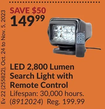 Princess Auto Led 2,800 lumen search light with remote control offer