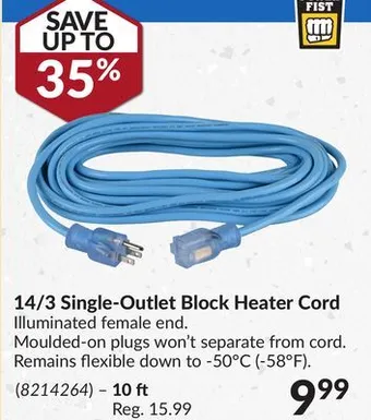Princess Auto 14/3 single-outlet block heater cord offer