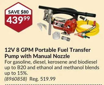 Princess Auto 12v 8 gpm portable fuel transfer pump with manual nozzle offer
