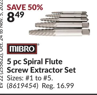 Princess Auto 5 pc spiral flute screw extractor set offer