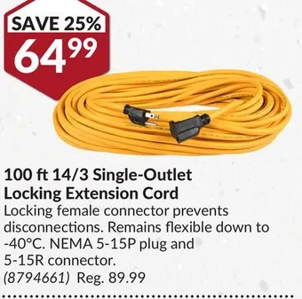 Princess Auto 100 ft 14/3 single-outlet locking extension cord offer
