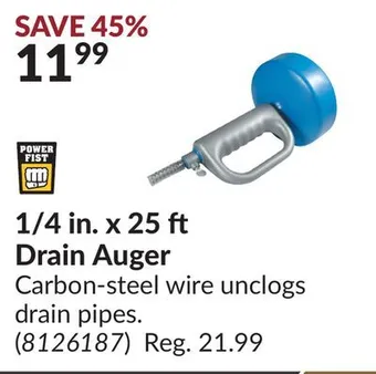 Princess Auto 1/4 in. x 25 ft drain auger offer