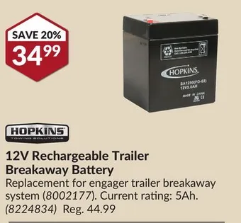 Princess Auto Hopkins towing solutions 12v rechargeable trailer breakaway battery offer