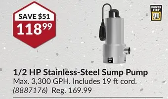 Princess Auto 1/2 hp stainless-steel sump pump offer