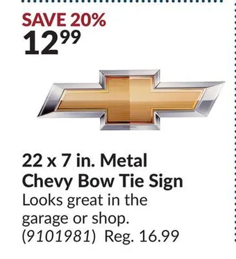 Princess Auto 22 x 7 in. metal chevy bow tie sign offer