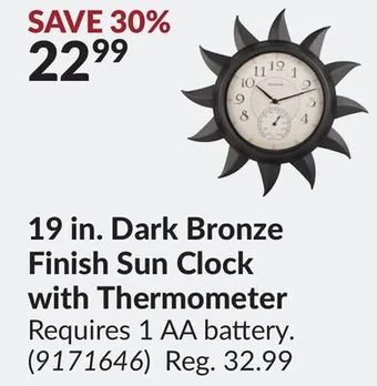Princess Auto 19 in. dark bronze finish sun clock with thermometer offer