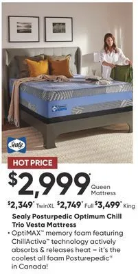 Sleep Country Sealy posturpedic optimum chill trio vesta mattress offer