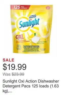 Costco Sunlight oxi action dishwasher detergent pacs 125 loads (1.63 kg), lemon fresh offer