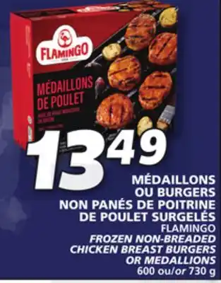 IGA Flamingo frozen non-breaded chicken breast burgers or medallions offer