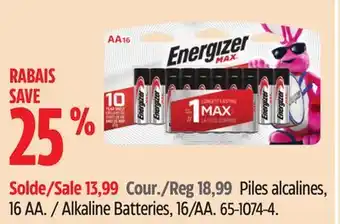 Canadian Tire Energizer alkaline batteries, 16/aa offer