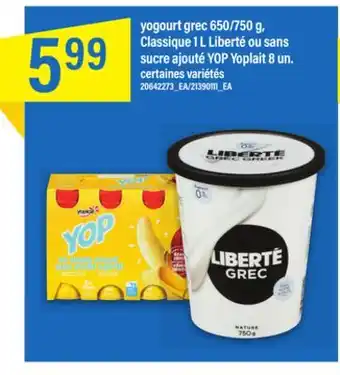 Maxi Yogourt grec 650/750 g, classique 1 l liberté ou sans sucre ajouté yop yoplait 8 un offer